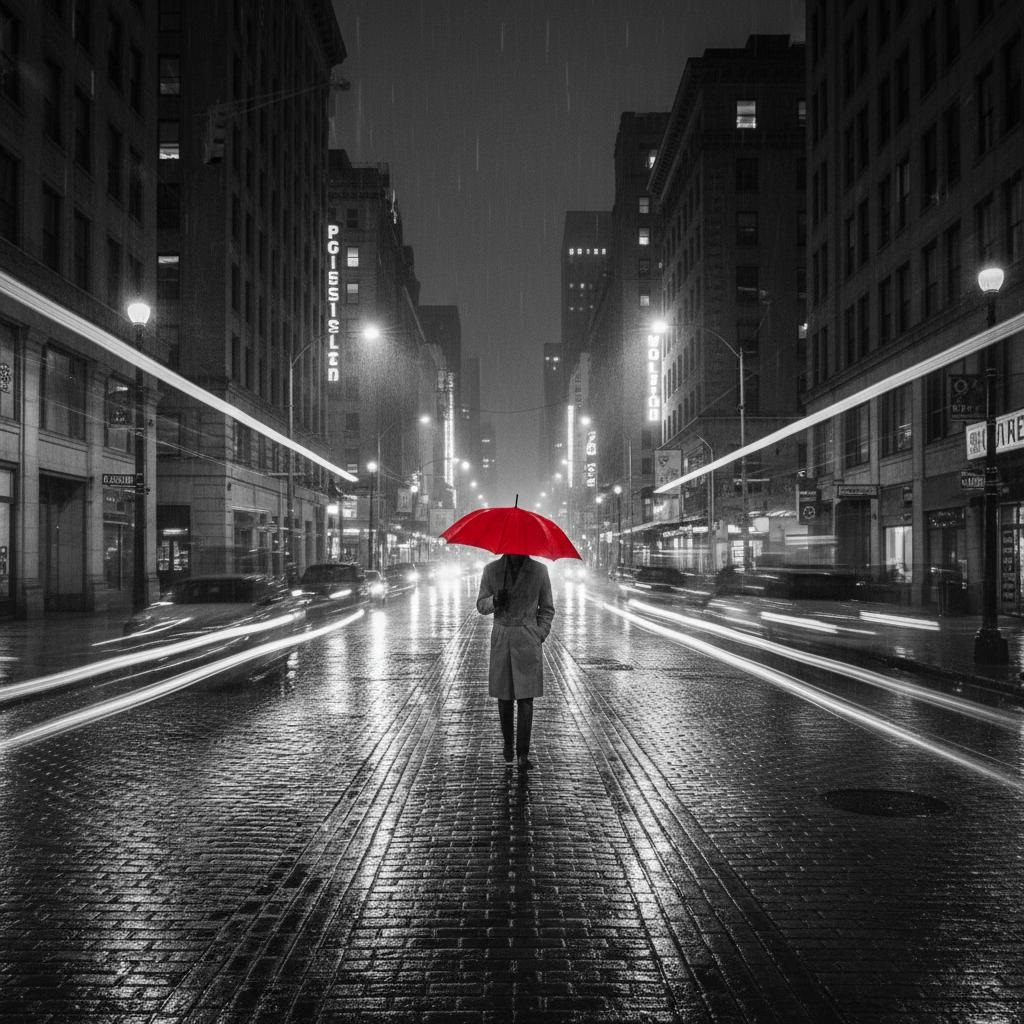 Persona con paraguas rojo caminando por una calle lluviosa en blanco y negro